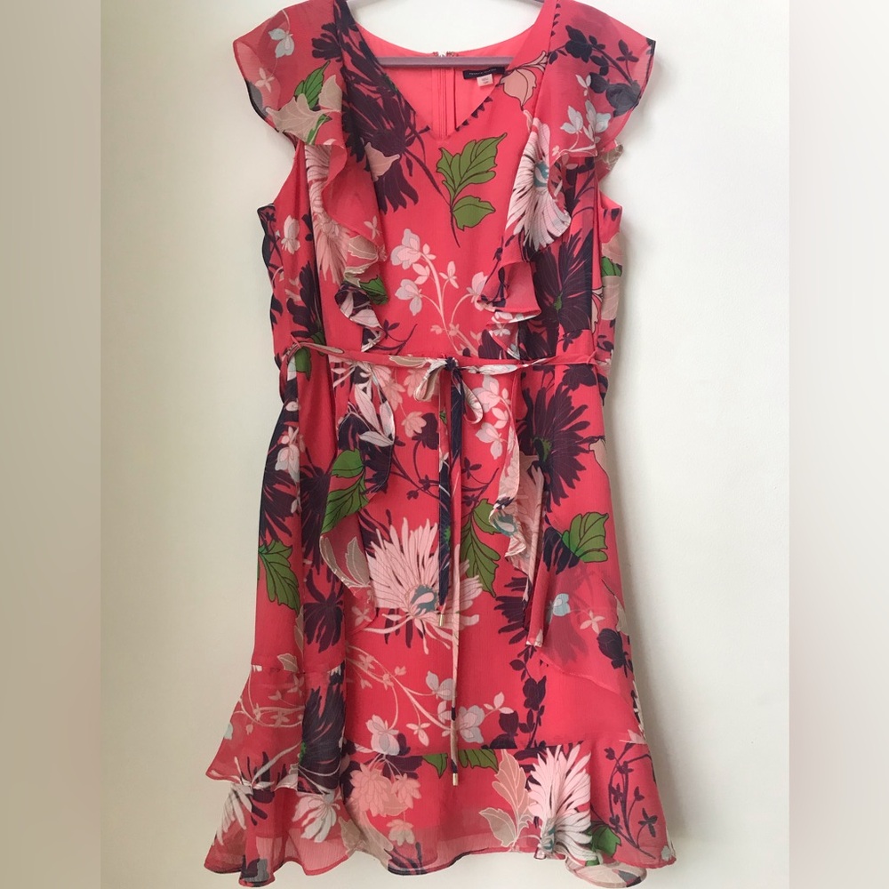 Tommy Hilfiger Women’s Floral Chiffon Ruffled Dress Fit/Flare in Coral 16W